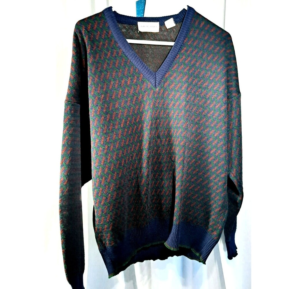 Vintage Wool Mix Murano Grandpa Sweater Mens Large Navy Blue Green Maroon V Neck